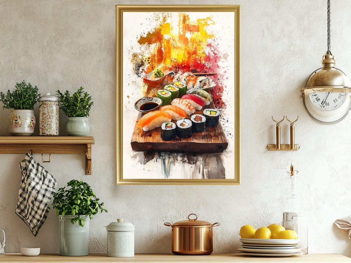 Colorful Sushi Platter Watercolor Japanese Food Kitchen Poster
