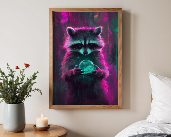 Mystical Raccoon Holding Glowing Crystal Ball Neon Night Poster