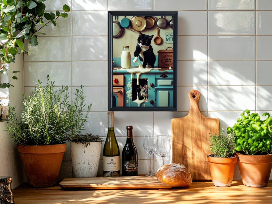 Funny Mischievous Cat Spilling Milk Mouse Retro Kitchen Art Print - Image 2