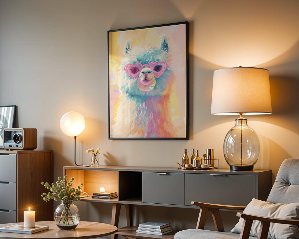 Fluffy Alpaca With Heart Glasses Blowing A Bubblegum Bubble Poster - Image 3