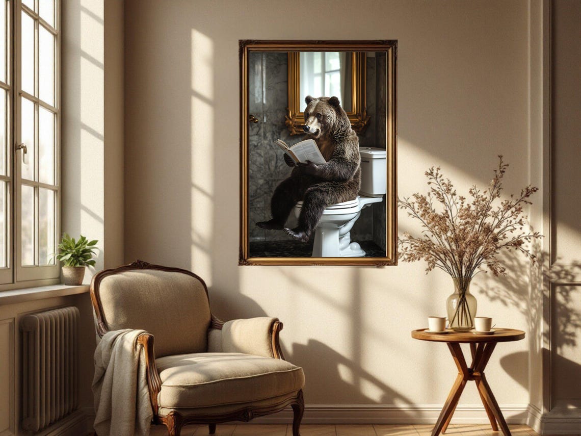 Bear Sitting on a Toilet Reading a Book in a Marble Bathroom Poster - Image 4