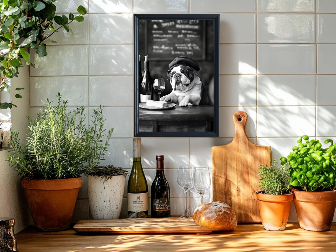 Bulldog Wine Bar With Beret French Pet Lover Humor Art Poster - Image 2