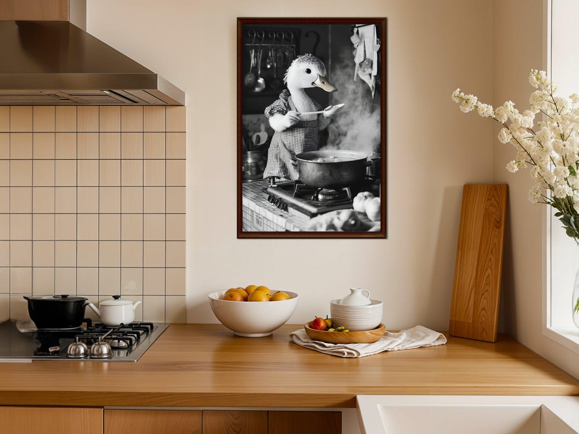 Duck Chef Stirring Soup Quirky Black and White Kitchen Poster - Image 3