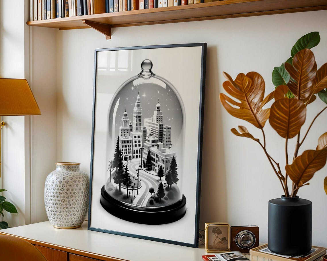 Miniature City Under Glass Dome Black White Night Dream Poster - Image 2