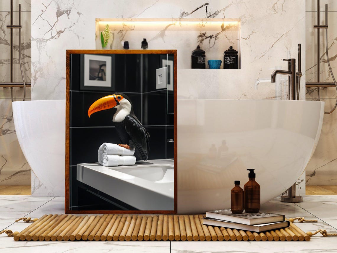 Vibrant Toco Toucan Perched on Folded Towels at the Sink Poster - Image 5