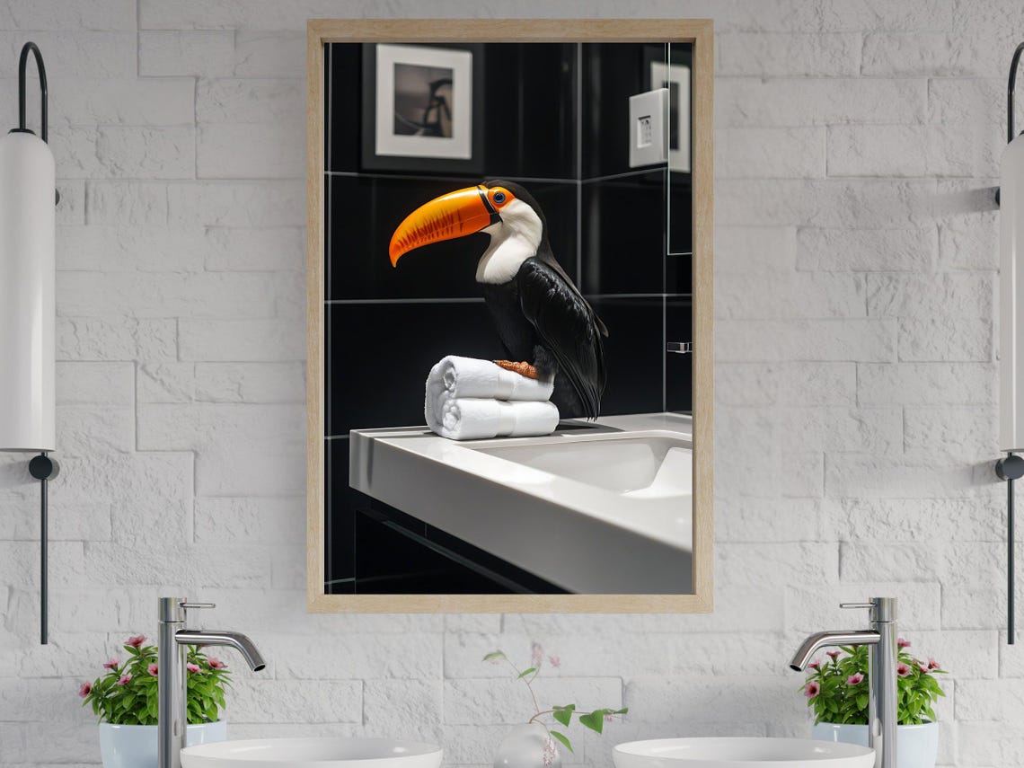 Vibrant Toco Toucan Perched on Folded Towels at the Sink Poster