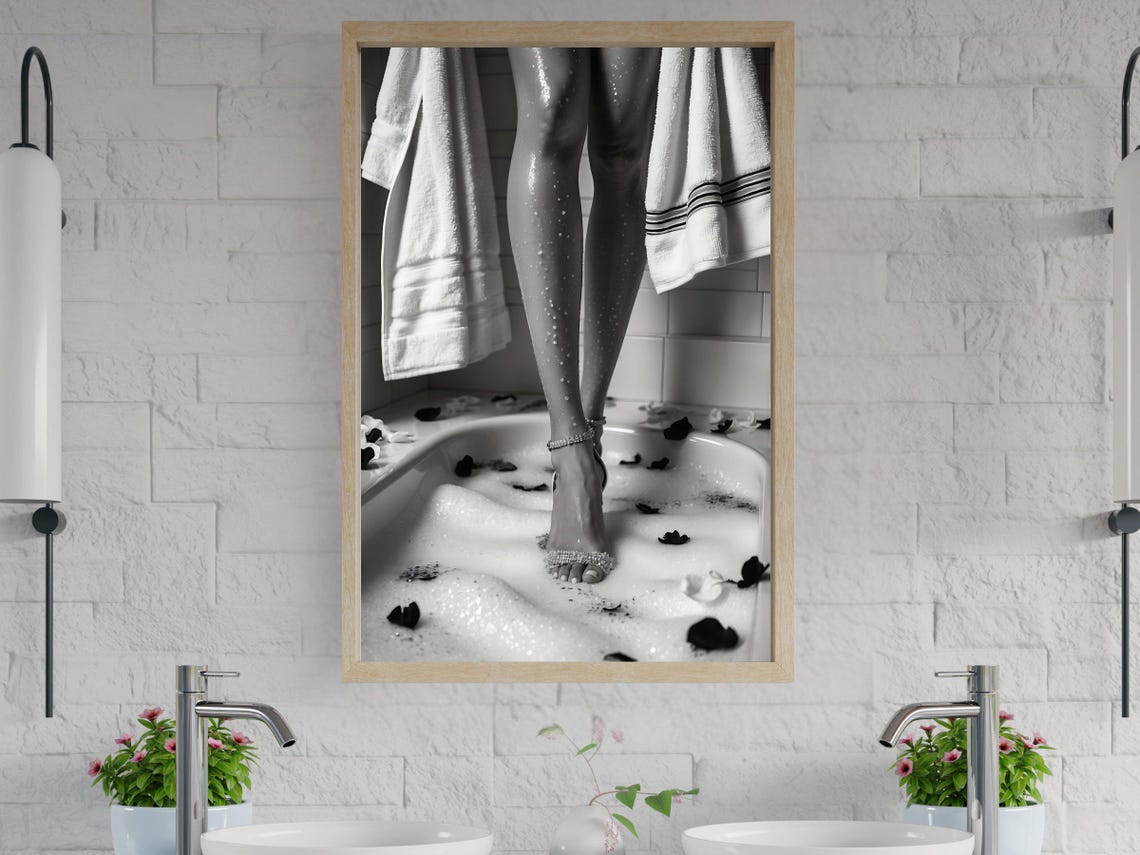 Wet Legs Stepping Into A Bubble Bath With Rose Petals Poster