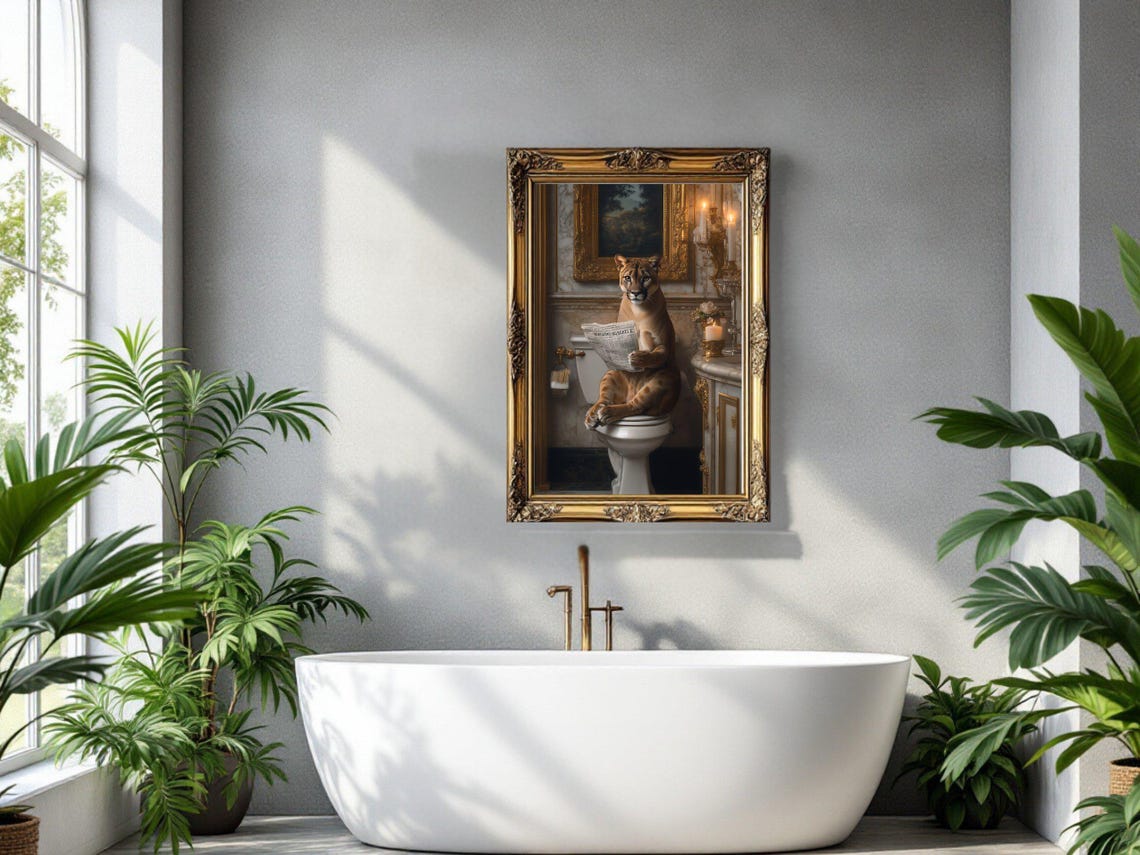 Regal Puma Reading the Newspaper in an Opulent Vintage Bathroom Poster - Image 3
