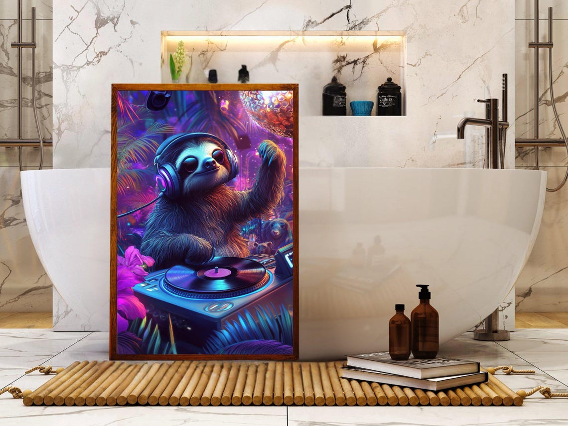 Sloth DJ Spinning Records at a Neon Jungle Dance Party Poster - Image 5