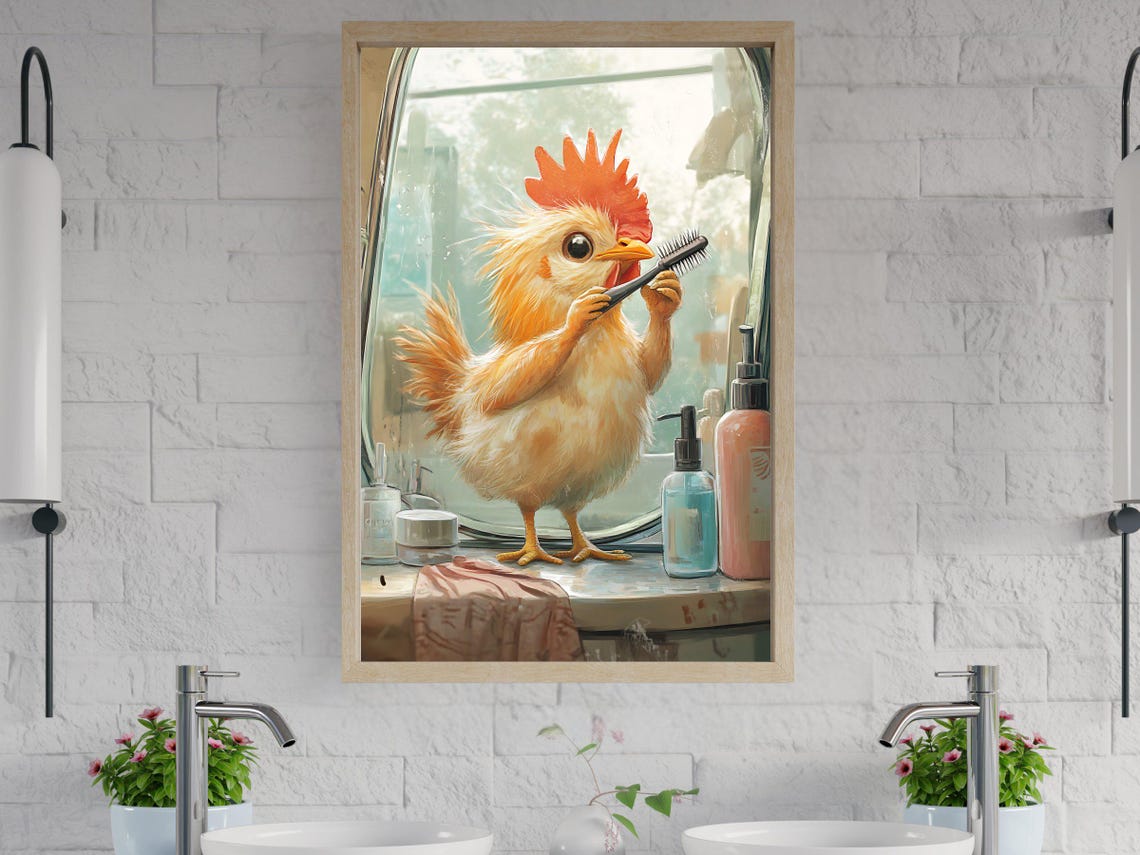Adorable Baby Chicken Brushing Teeth in Front of Mirror Poster