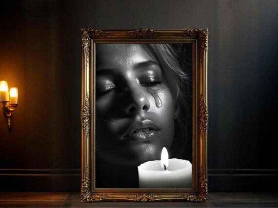 Emotional Woman With A Tear Beside A Candle Moody Portrait Poster