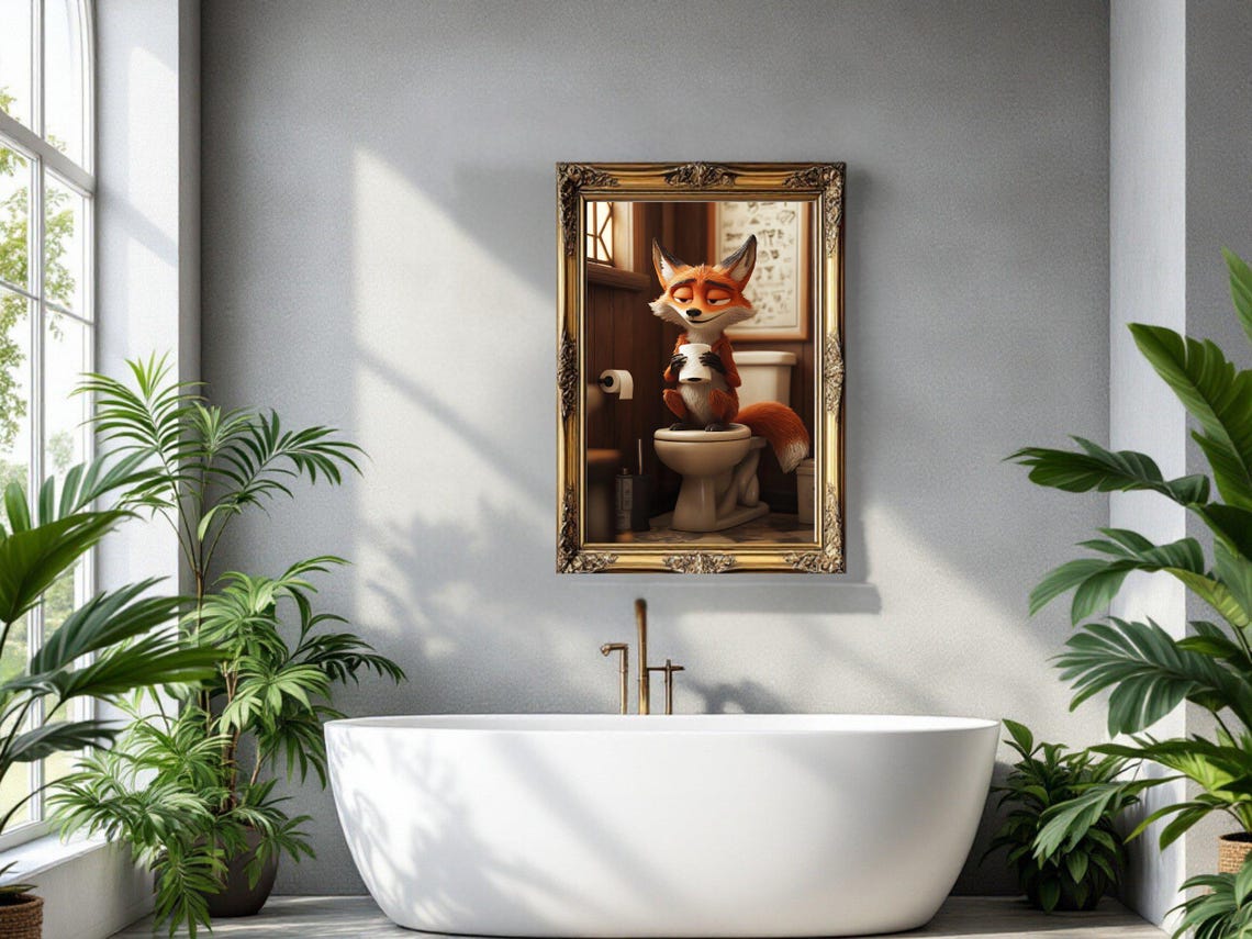 Cute Fox Sitting On Toilet Holding Toilet Paper Funny Bathroom Poster - Image 3