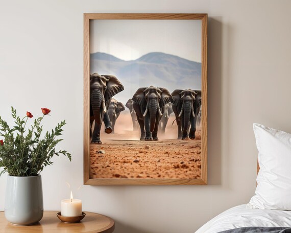 African Elephant Herd Charging Forward on a Dusty Savanna Trail Poster
