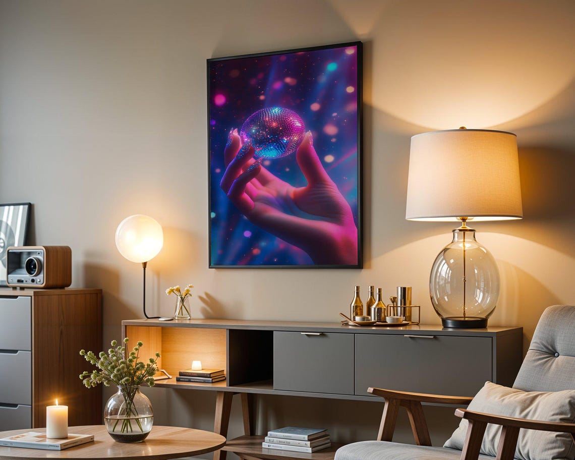 Hand Holding Glowing Disco Ball Under Neon Purple Party Lights Poster - Image 4