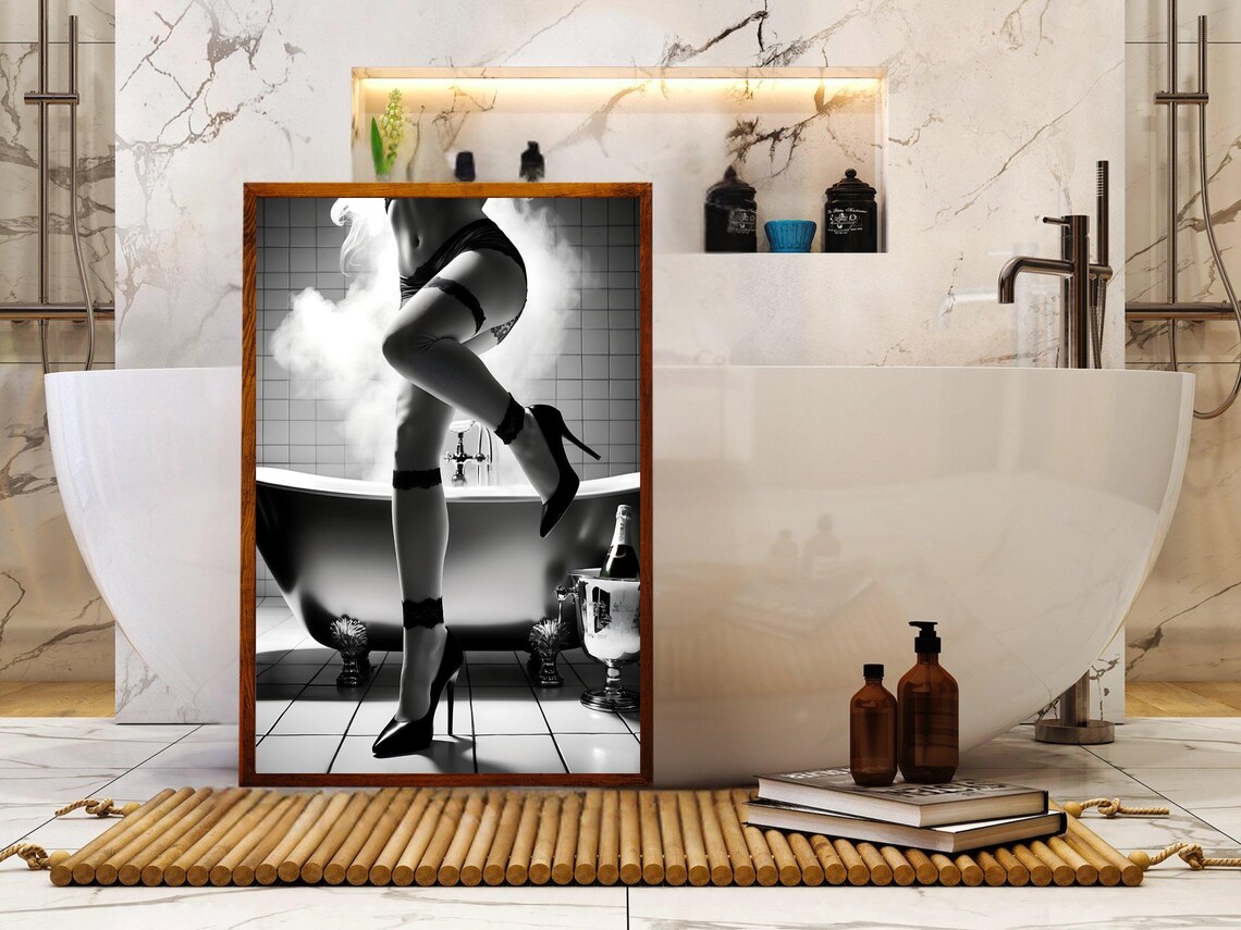Woman In Lingerie Beside Steaming Clawfoot Bathtub Champagne Poster - Image 5