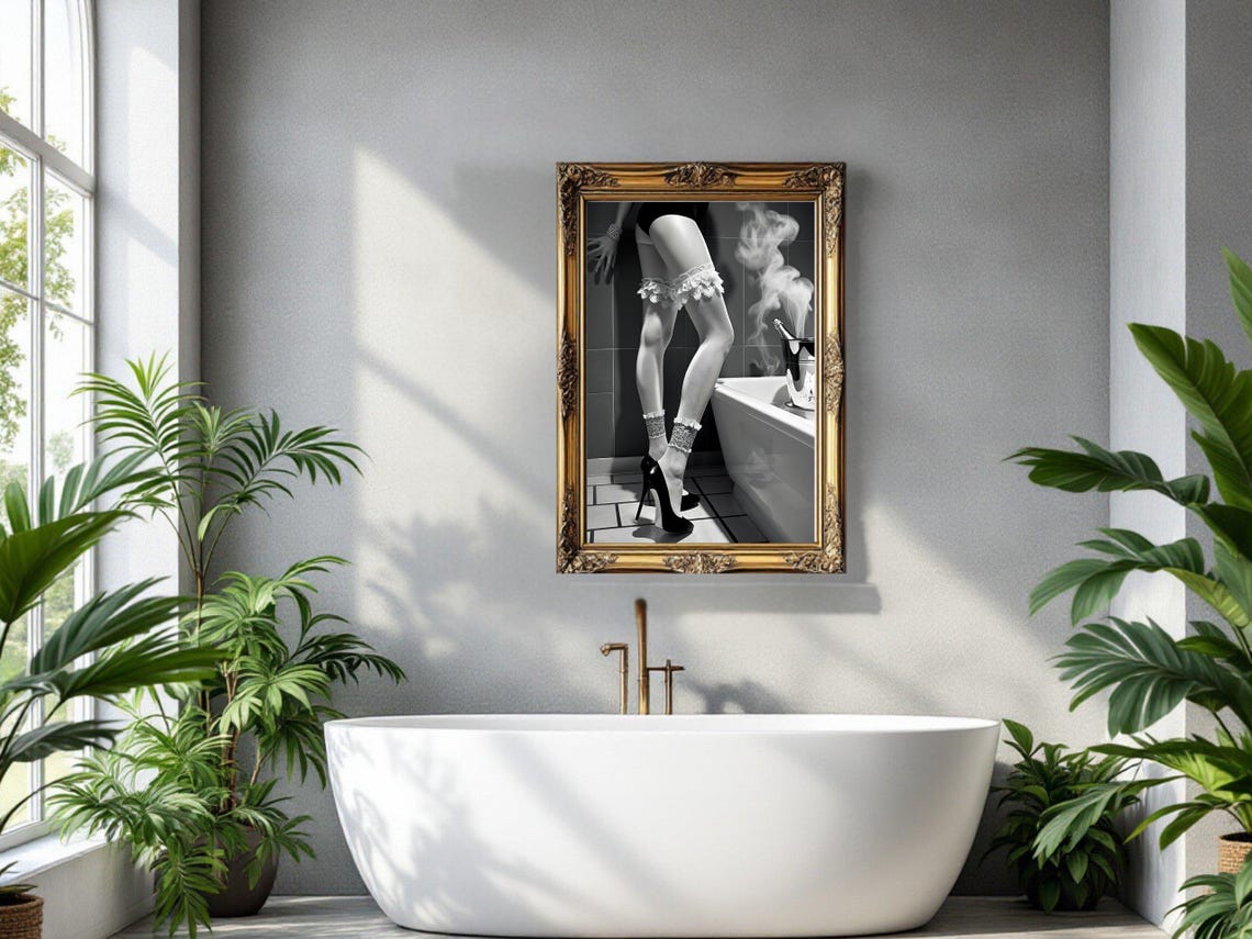 Woman's Legs in Lace Garters and Heels Beside a Bathtub Poster - Image 3