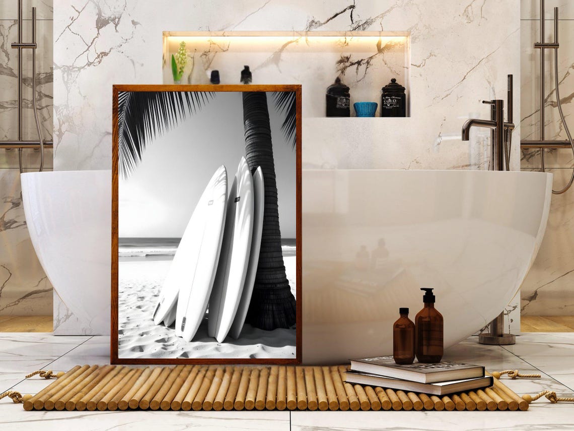 Black and White Surfboards Leaning on Palm Tree Beach Photo Poster - Image 2