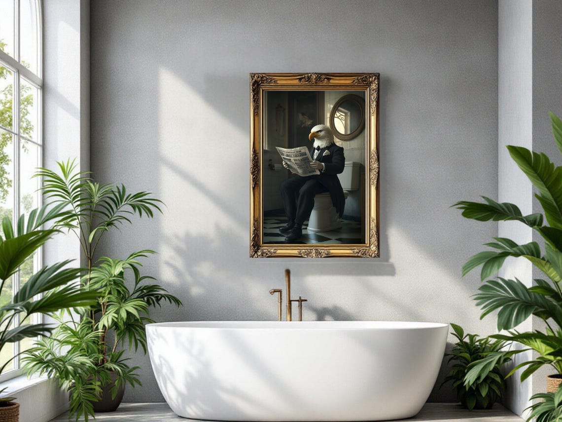 Bald Eagle in a Tuxedo Reading Newspaper on the Toilet Poster - Image 3