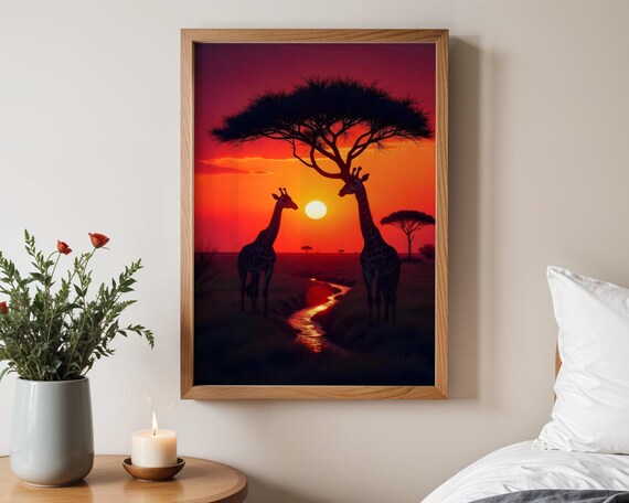 Giraffes Under Acacia Tree at Blazing African Red Sunset Poster