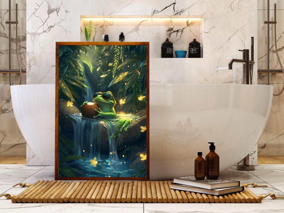 Frog in Sunglasses With a Coconut by a Jungle Waterfall Poster - Image 5
