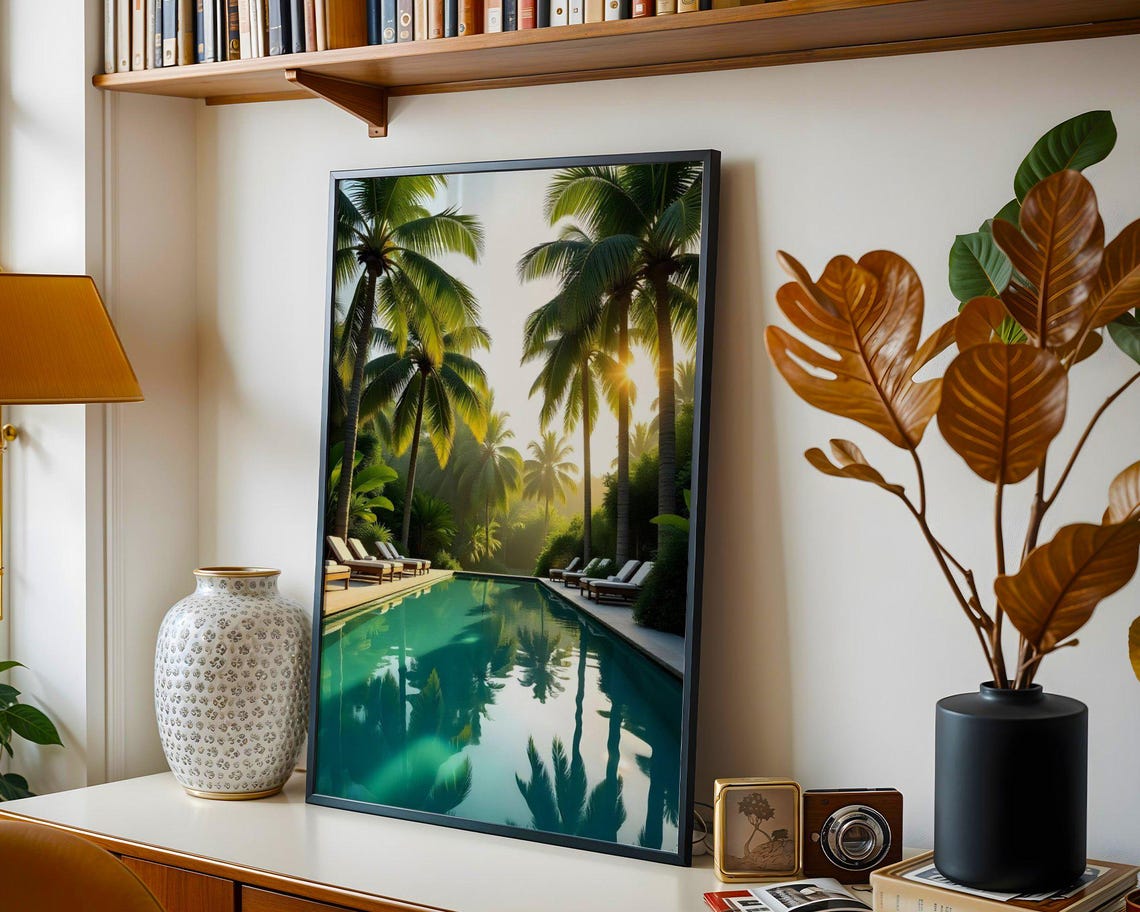 Tropical Resort Pool With Palm Trees Reflecting Sunrise Poster - Image 3