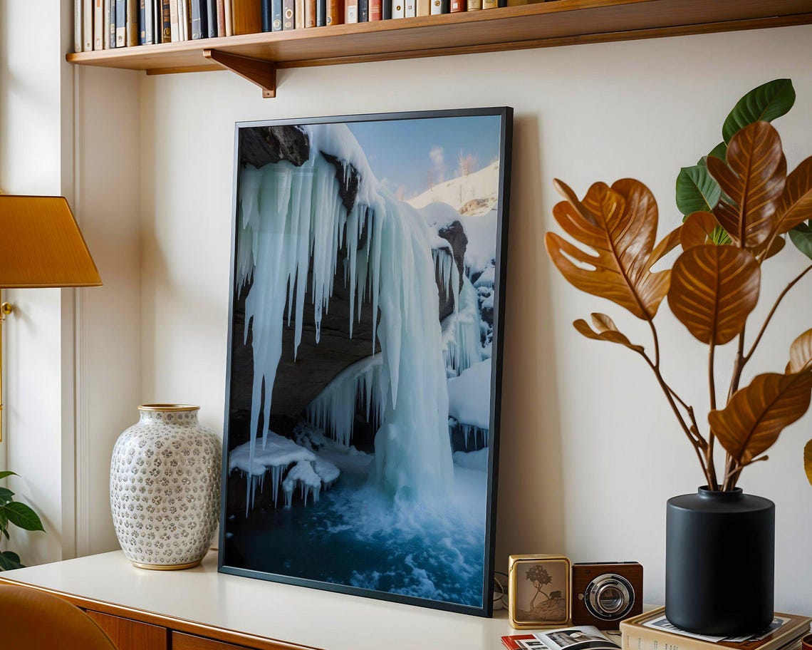 Frozen Waterfall With Long Icicles Above An Icy Pool In Winter Poster - Image 3