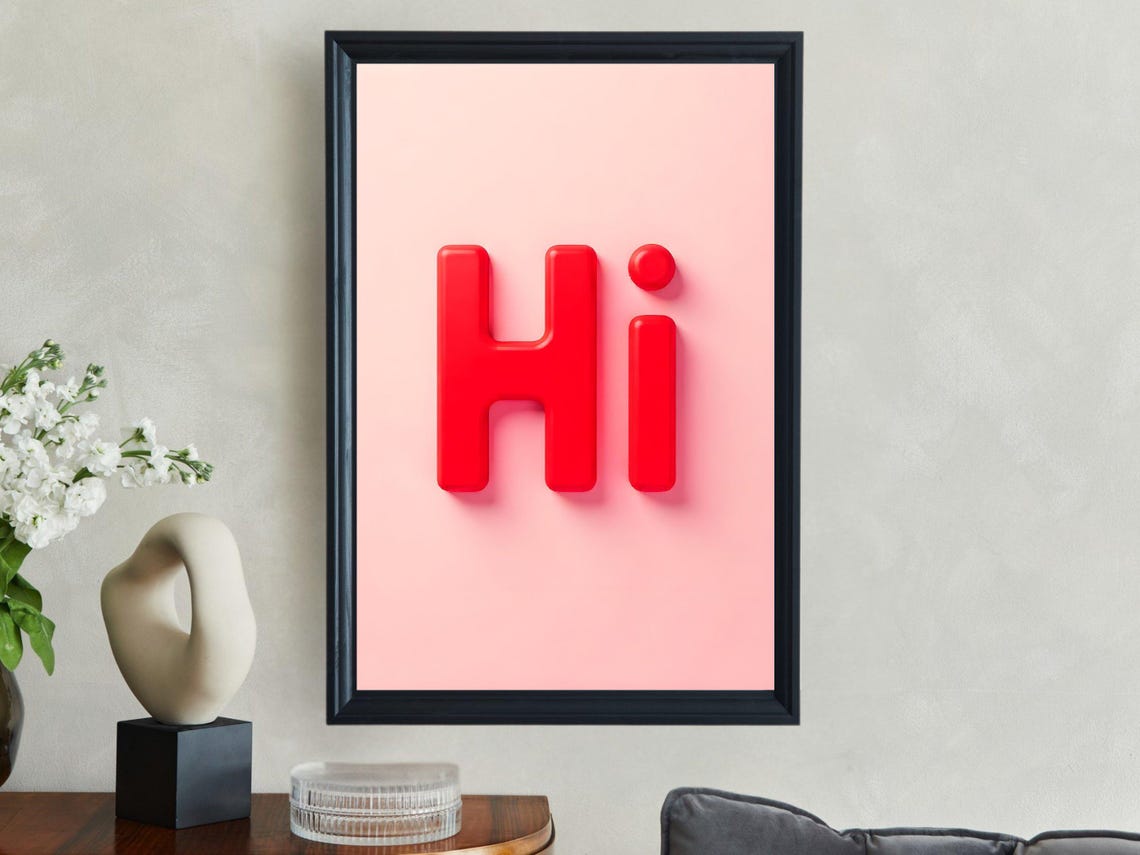 Bold Red Hi 3D Typography on Pink Minimalist Greeting Wall Art