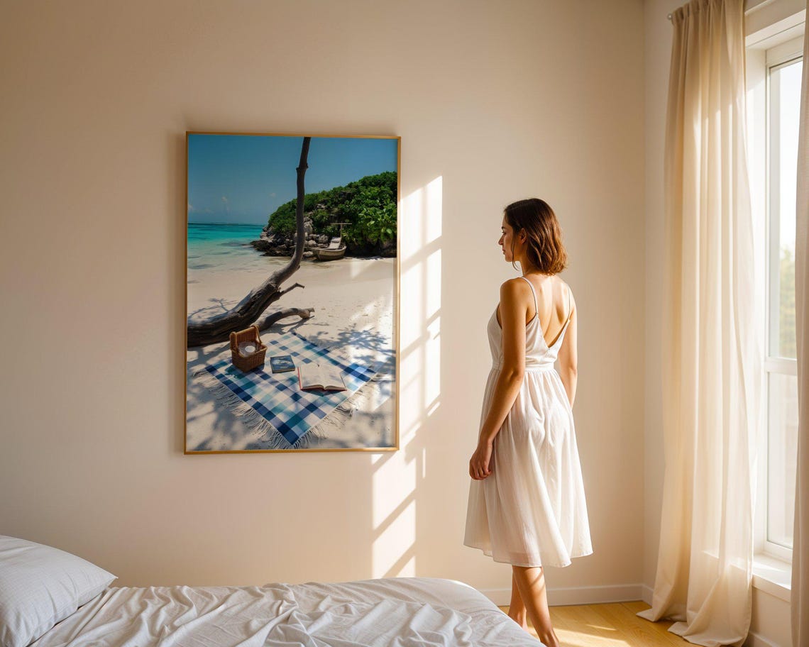 Beach Picnic Blanket Under Leaning Tree on Tropical Island Poster - Image 4