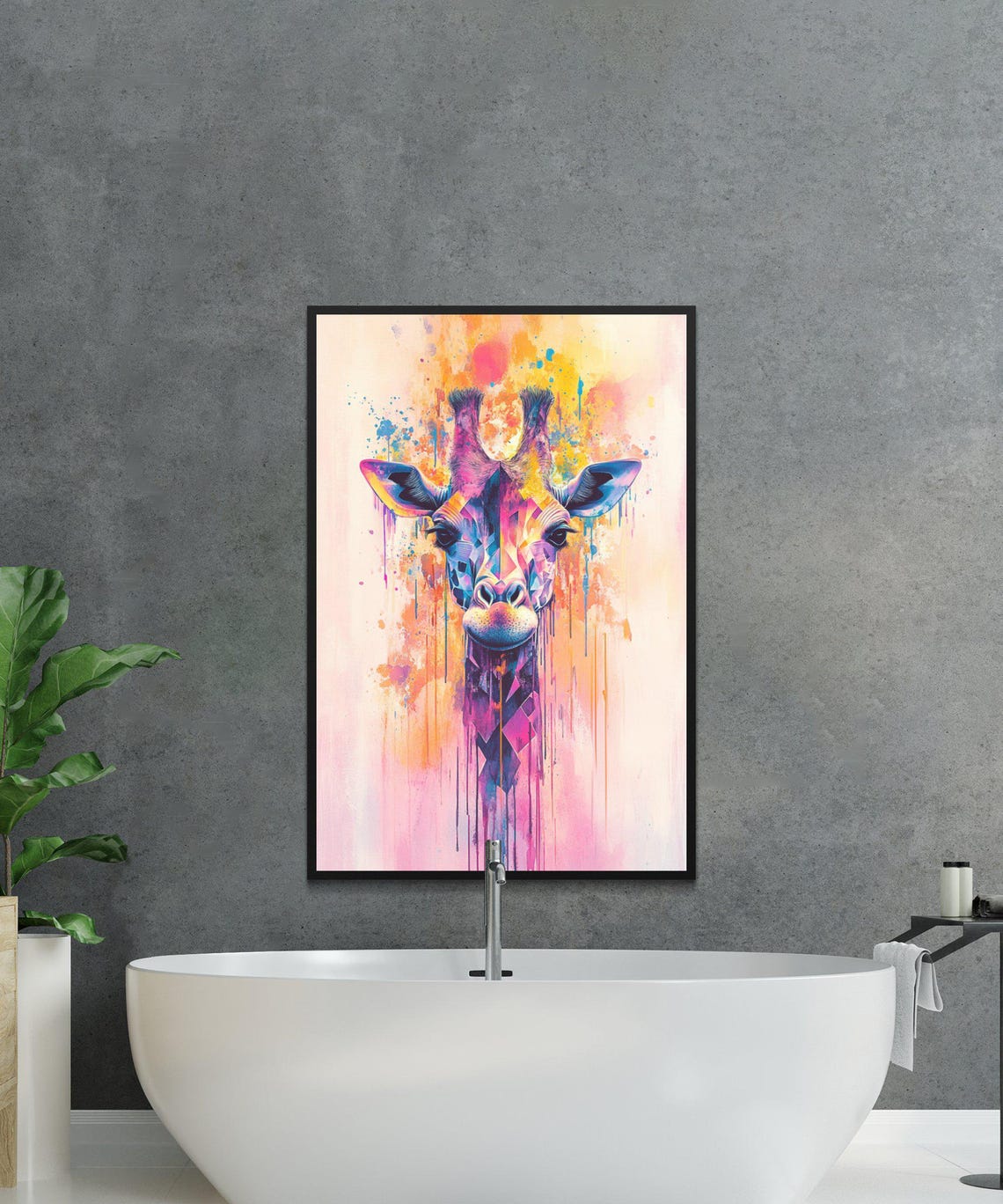 Colorful Geometric Watercolor Giraffe Head With Paint Drips Poster - Image 4