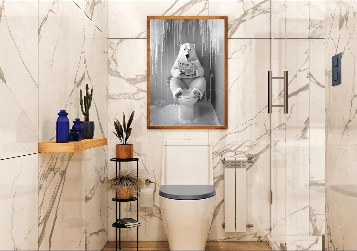 Funny Polar Bear Reading a Newspaper on the Toilet in Icy Bathroom Poster - Image 4