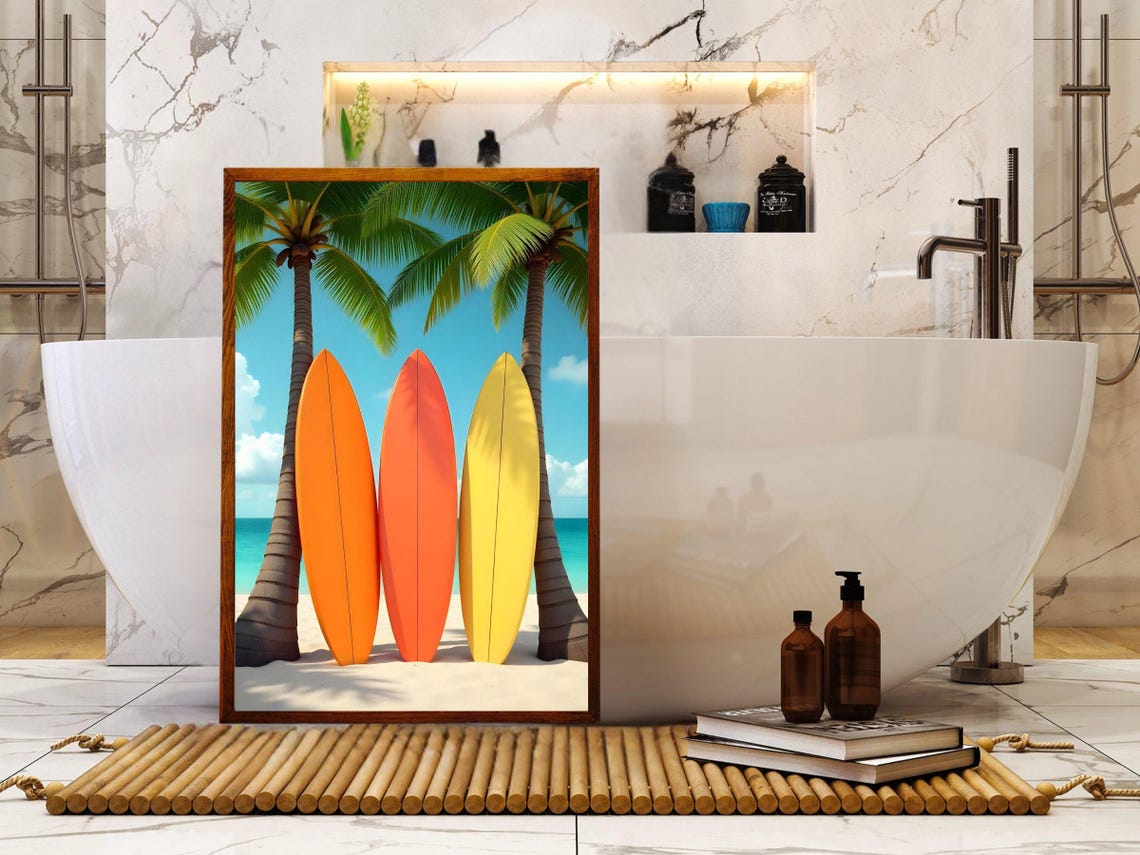 Three Colorful Surfboards Leaning Against Palm Trees Beach Poster - Image 2