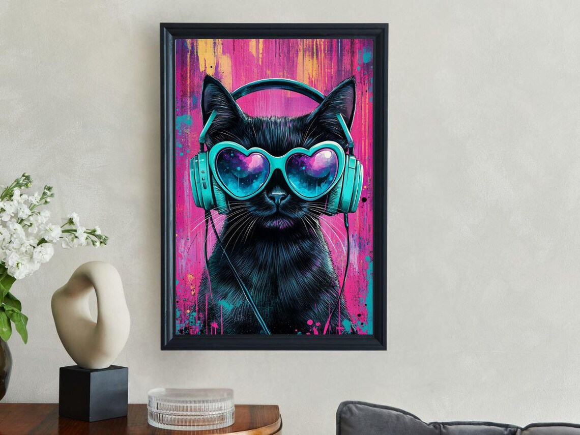 Black Cat with Headphones and Heart Sunglasses Neon Pop Art Poster