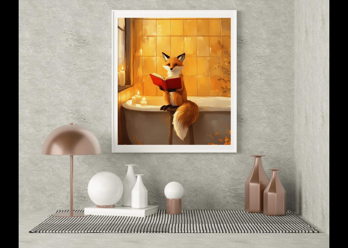 Orange Fox Reading Book Sitting On Bathtub Edge Warm Bathroom Poster - Image 3