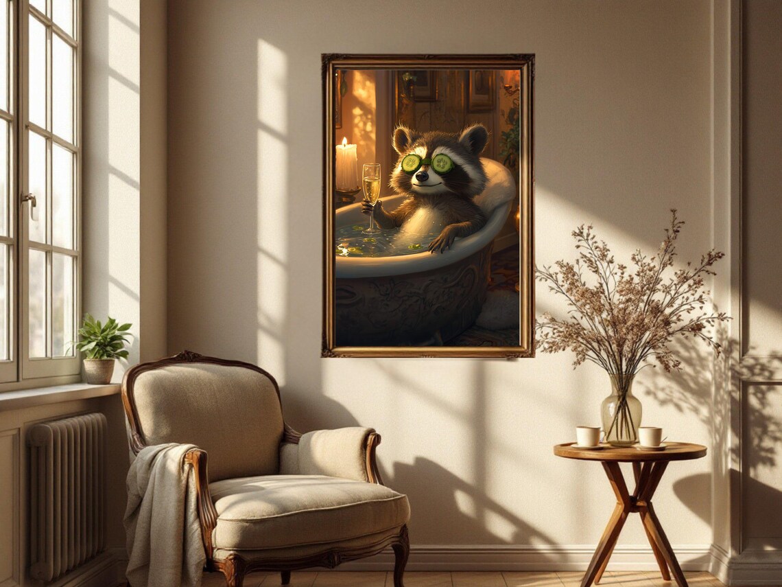 Raccoon Enjoying a Bubble Bath With Cucumber Slices and Champagne Poster - Image 4