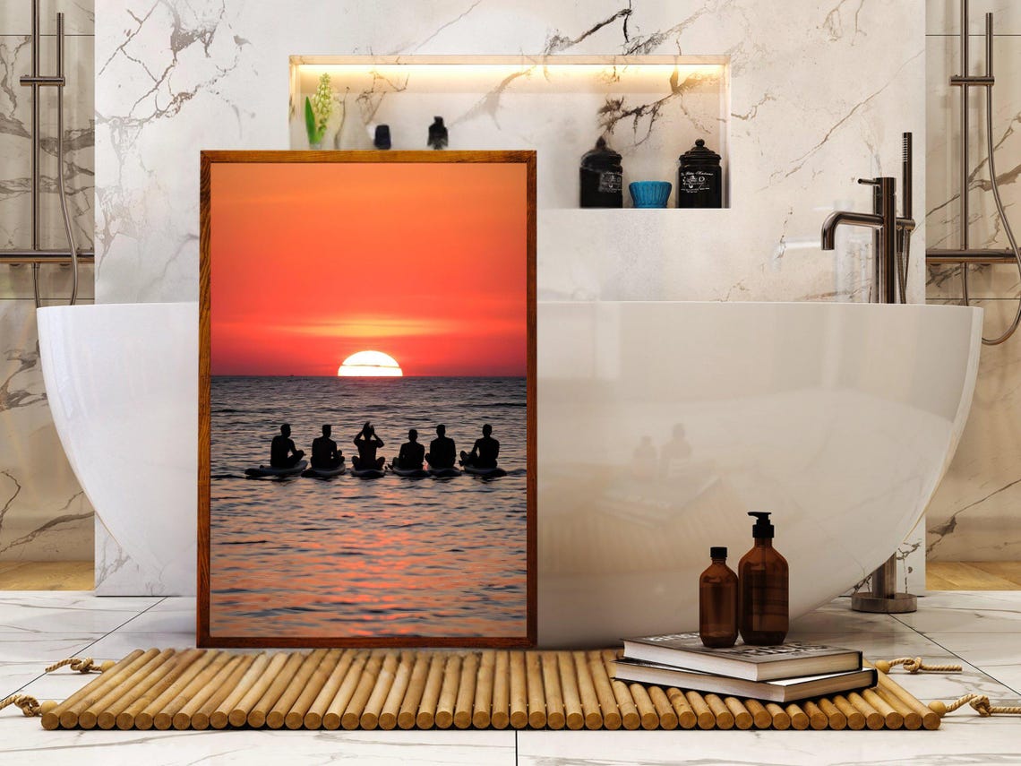 Sunset Ocean Surfing Silhouettes Group Paddle Board Photo Poster - Image 2