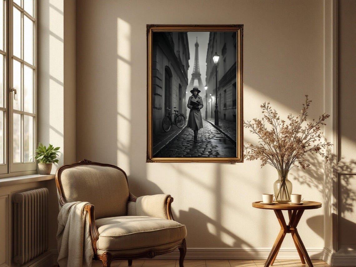 Vintage Black And White Paris Street Scene With Eiffel Tower Poster - Image 2