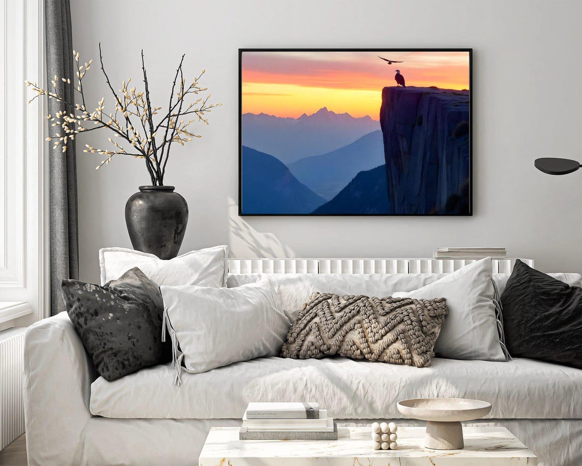 Bald Eagle on a Rocky Cliff Edge Silhouette at Sunset Mountains Poster - Image 4