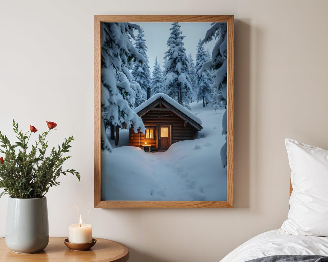Snowy Log Cabin With Warm Glow in Winter Forest at Dusk Poster