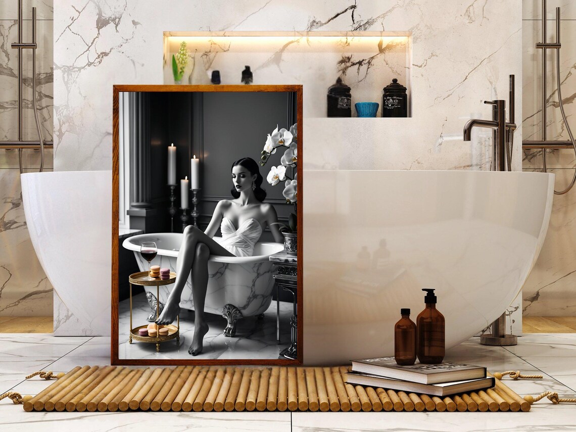 Elegant Woman In Marble Bathtub Wall Art Modern Bathroom Decor Luxury Home Interior Prints Feminine Art Prints Stylish Wall Decor - Image 5