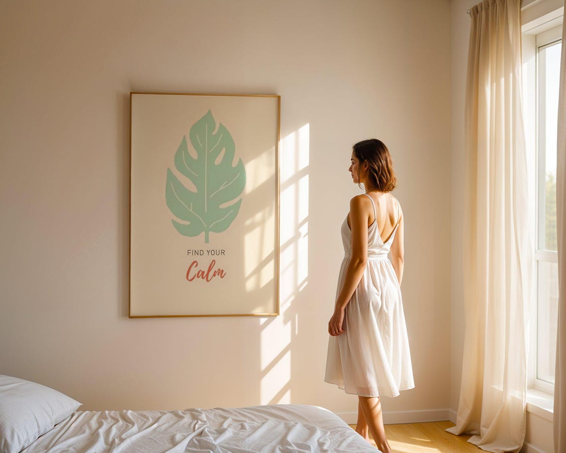 Find Your Calm Mint Monstera Leaf Boho Style Affirmation Quote Poster - Image 4