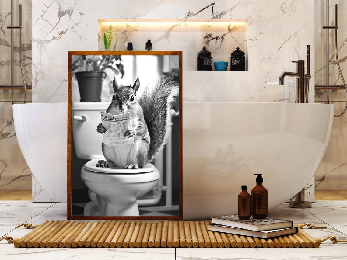 Squirrel Reading Newspaper On Toilet Black And White Animal Poster - Image 5