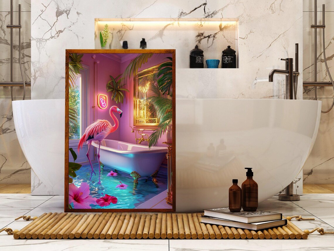 Pink Flamingo By A Clawfoot Bathtub In A Tropical Pink Bathroom Poster - Image 5