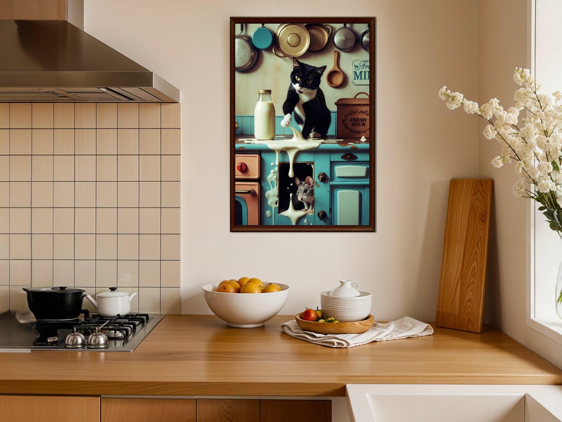 Funny Mischievous Cat Spilling Milk Mouse Retro Kitchen Art Print - Image 4