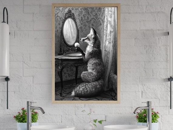 Vintage Black and White Fox Admiring Itself in a Mirror Poster