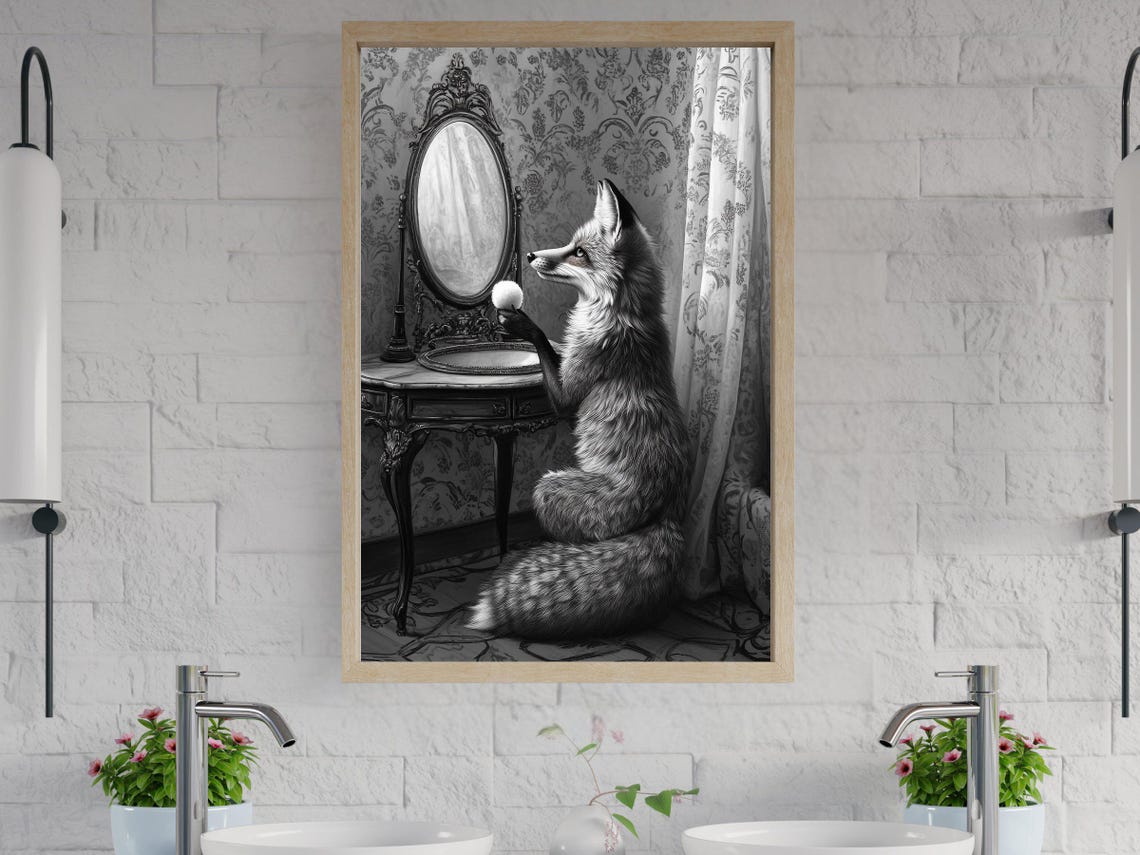 Vintage Black and White Fox Admiring Itself in a Mirror Poster