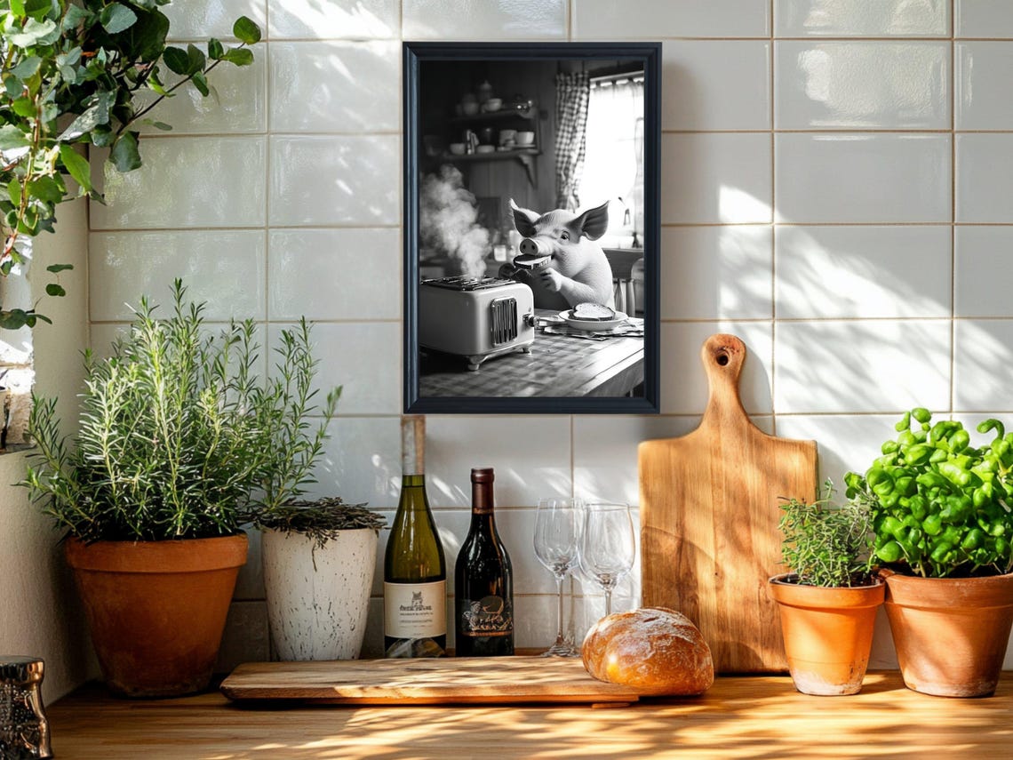Pig Eating Toast at Breakfast Table Funny Animal Kitchen Poster - Image 2
