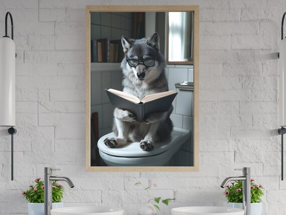 Wolf Wearing Glasses Reading a Book While Sitting on the Toilet Poster