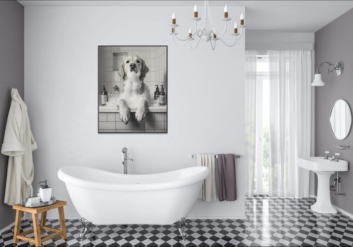 Golden Retriever Enjoying a Bubble Bath Black and White Dog Poster - Image 2