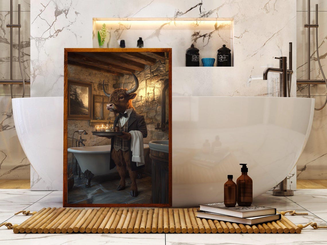 Highland Cow Butler Holding a Tray in a Rustic Bathroom Poster - Image 5