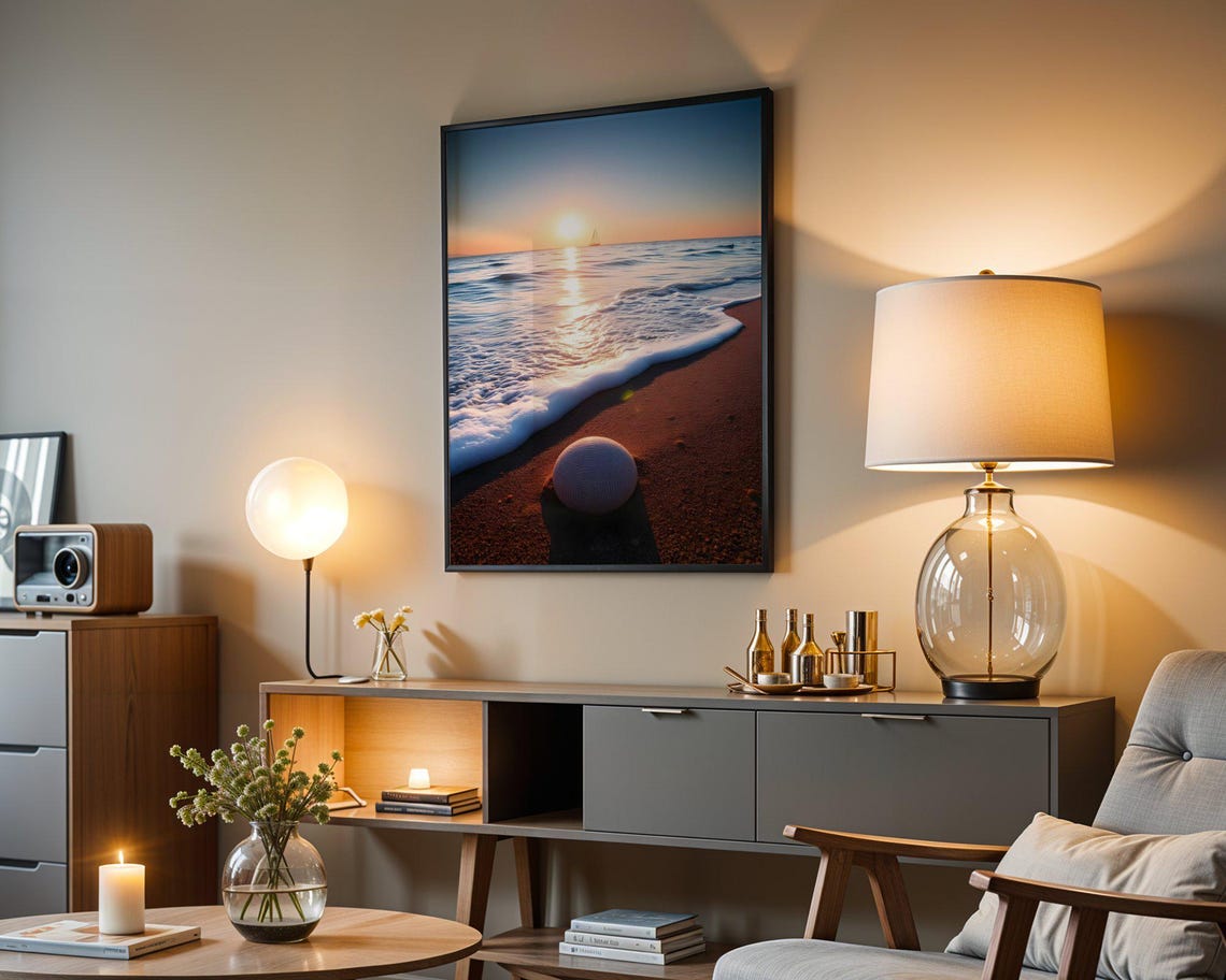 Striped Seashell Resting on Red Beach Sand at Golden Sunset Poster - Image 5